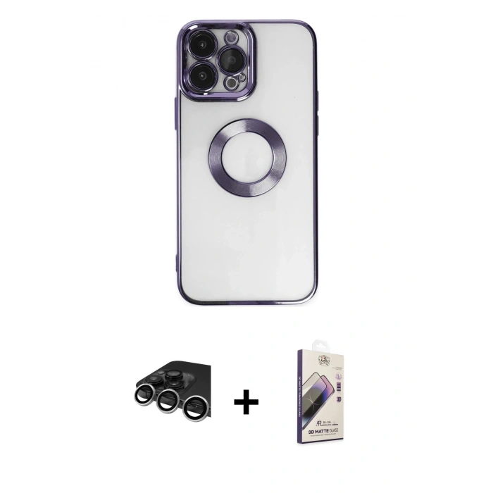 MARSİLYAN™- iPhone 14 Pro Max Kılıf Pusula Form - Siyah Bilvis 3D Mat Cam Ekran Koruyucu + Raze Metal Kamera Lens - GS