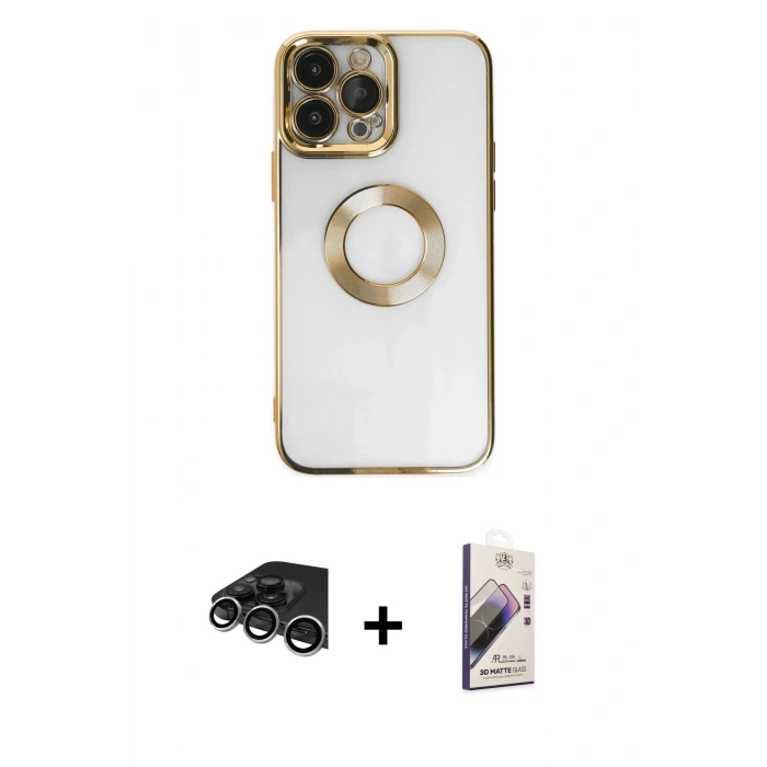 MARSİLYAN™- iPhone 14 Pro Max Kılıf Pusula Form - Siyah Bilvis 3D Mat Cam Ekran Koruyucu + Raze Metal Kamera Lens - GS