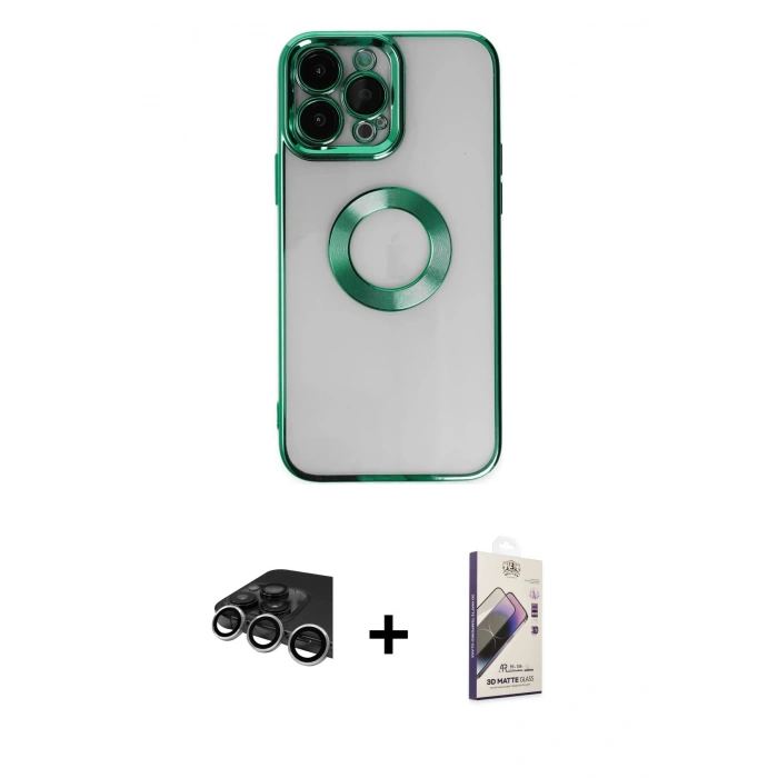 MARSİLYAN™- iPhone 14 Pro Max Kılıf Pusula Form - Siyah Bilvis 3D Mat Cam Ekran Koruyucu + Raze Metal Kamera Lens - GS