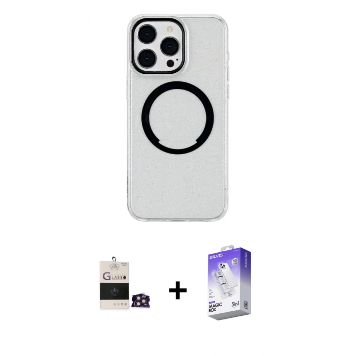 MARSİLYAN™- iPhone 14 Pro Max Kılıf Pusula Form - Siyah Bilvis 5in1 3D Magic Cam Ekran Koruyucu + Bilvis Titan Kamera Lens - GD