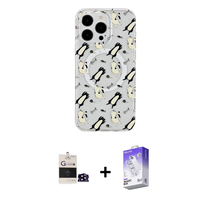 MARSİLYAN™- iPhone 14 Pro Max Kılıf Pusula Form - Siyah Bilvis 5in1 3D Magic Cam Ekran Koruyucu + Bilvis Titan Kamera Lens - SH