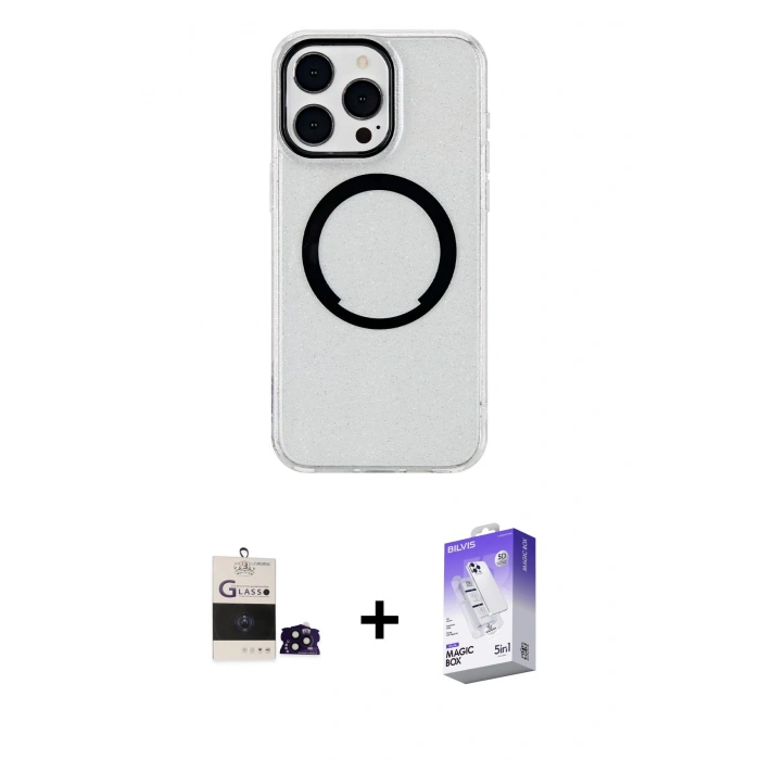 MARSİLYAN™- iPhone 14 Pro Max Kılıf Pusula Form - Siyah Bilvis 5in1 3D Magic Cam Ekran Koruyucu + Bilvis Titan Kamera Lens - SH