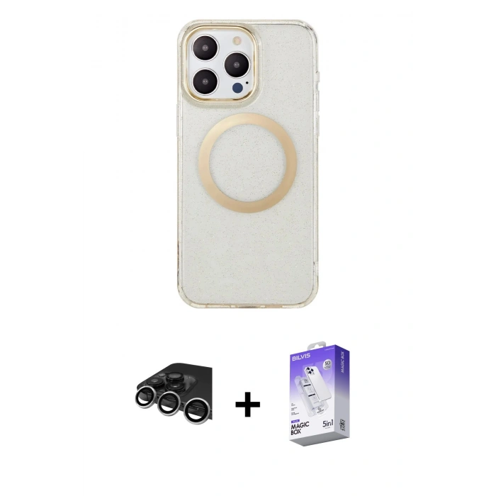 MARSİLYAN™- iPhone 14 Pro Max Kılıf Pusula Form - Siyah Bilvis 5in1 3D Magic Cam Ekran Koruyucu + Raze Metal Kamera Lens - GS