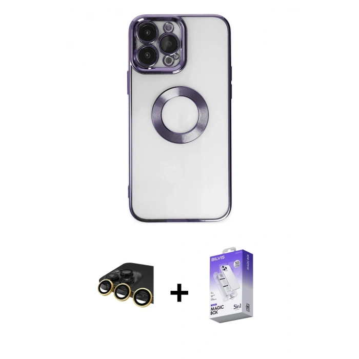 MARSİLYAN™- iPhone 14 Pro Max Kılıf Pusula Form - Siyah Bilvis 5in1 3D Magic Cam Ekran Koruyucu + Raze Metal Kamera Lens - GD