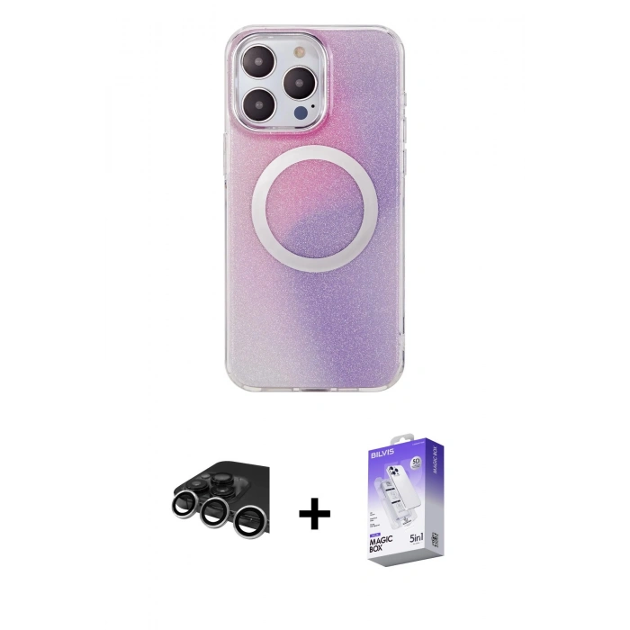MARSİLYAN™- iPhone 14 Pro Max Kılıf Pusula Form - Siyah Bilvis 5in1 3D Magic Cam Ekran Koruyucu + Raze Metal Kamera Lens - GS