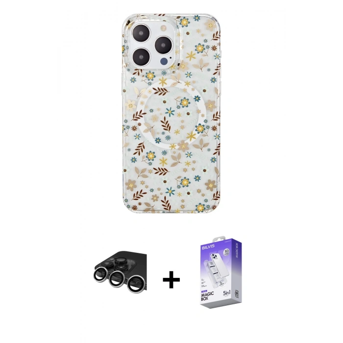 MARSİLYAN™- iPhone 14 Pro Max Kılıf Pusula Form - Siyah Bilvis 5in1 3D Magic Cam Ekran Koruyucu + Raze Metal Kamera Lens - GS