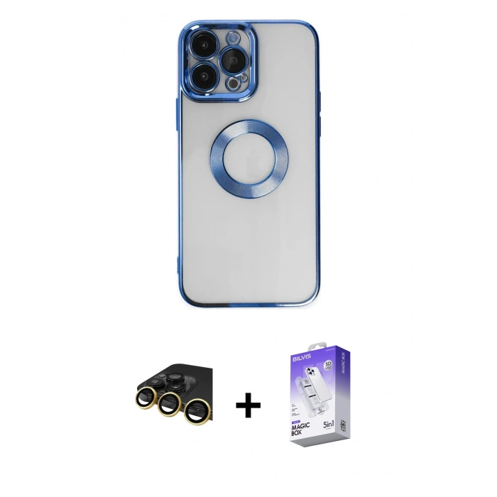 MARSİLYAN™- iPhone 14 Pro Max Kılıf Pusula Form - Siyah Bilvis 5in1 3D Magic Cam Ekran Koruyucu + Raze Metal Kamera Lens - GD