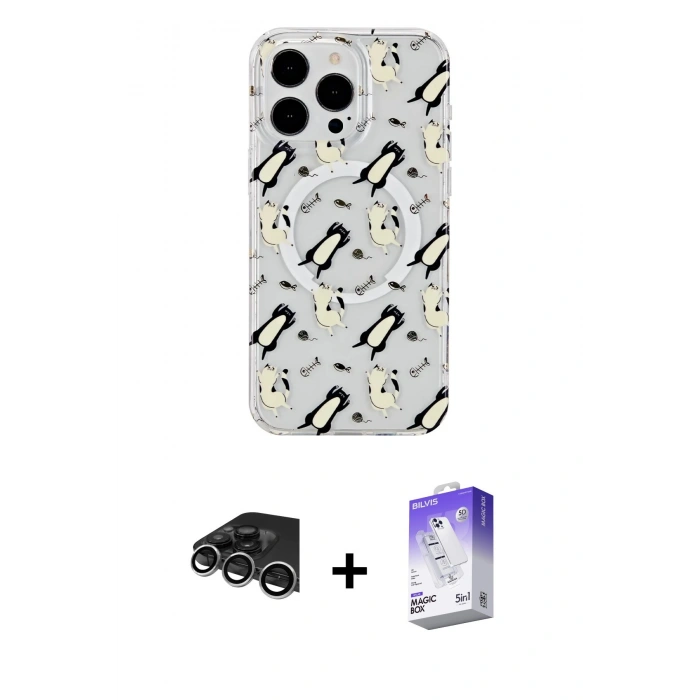 MARSİLYAN™- iPhone 14 Pro Max Kılıf Pusula Form - Siyah Bilvis 5in1 3D Magic Cam Ekran Koruyucu + Raze Metal Kamera Lens - GS