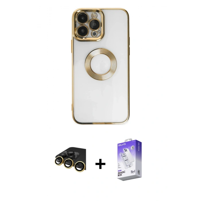 MARSİLYAN™- iPhone 14 Pro Max Kılıf Pusula Form - Siyah Bilvis 5in1 3D Magic Cam Ekran Koruyucu + Raze Metal Kamera Lens - GD