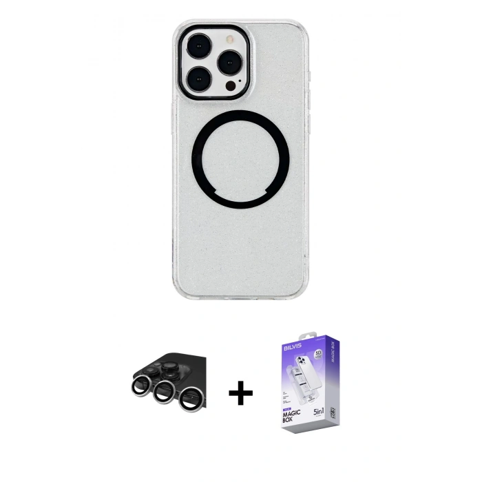 MARSİLYAN™- iPhone 14 Pro Max Kılıf Pusula Form - Siyah Bilvis 5in1 3D Magic Cam Ekran Koruyucu + Raze Metal Kamera Lens - GS
