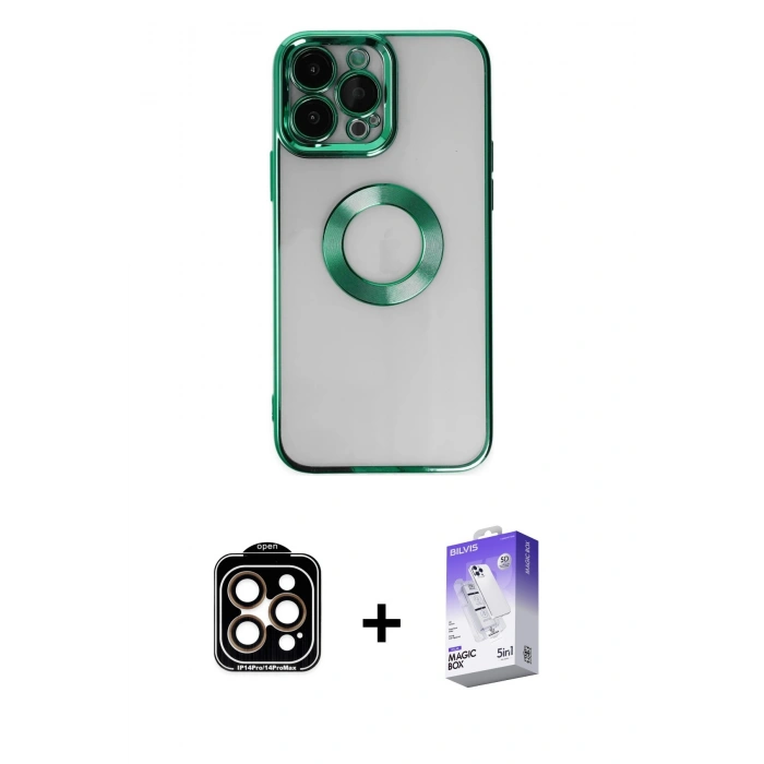 MARSİLYAN™- iPhone 14 Pro Max Kılıf Pusula Form - Siyah Bilvis 5in1 3D Magic Cam Ekran Koruyucu + PVD Metal Kamera Lens - TU