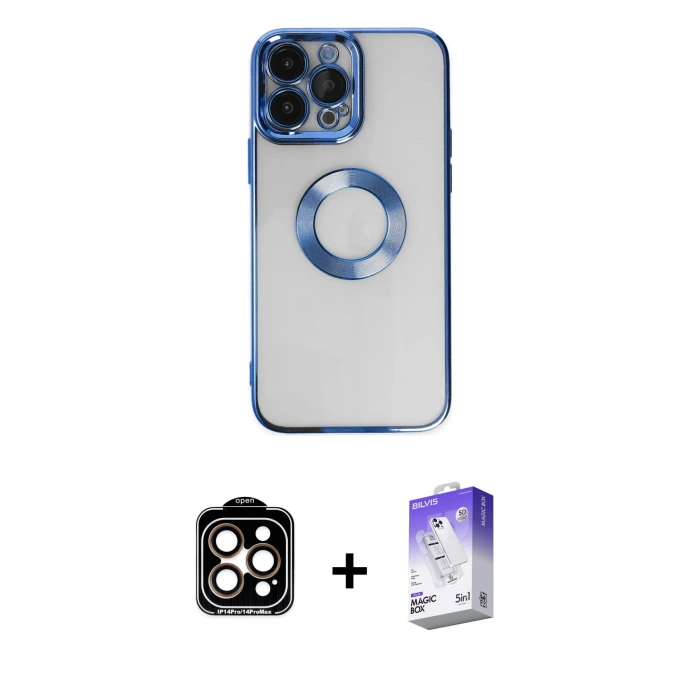MARSİLYAN™- iPhone 14 Pro Max Kılıf Pusula Form - Siyah Bilvis 5in1 3D Magic Cam Ekran Koruyucu + PVD Metal Kamera Lens - TU