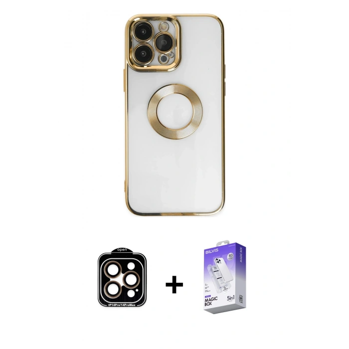 MARSİLYAN™- iPhone 14 Pro Max Kılıf Pusula Form - Siyah Bilvis 5in1 3D Magic Cam Ekran Koruyucu + PVD Metal Kamera Lens - TU