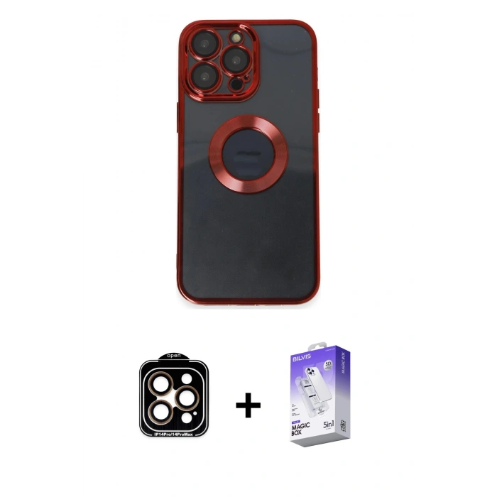 MARSİLYAN™- iPhone 14 Pro Max Kılıf Pusula Form - Siyah Bilvis 5in1 3D Magic Cam Ekran Koruyucu + PVD Metal Kamera Lens - TU
