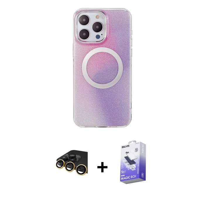 MARSİLYAN™- iPhone 14 Pro Max Kılıf Pusula Form - Siyah Bilvis 5in1 5D Magic Hayalet Cam Ekran Koruyucu + Raze Metal Kamera Lens - GD