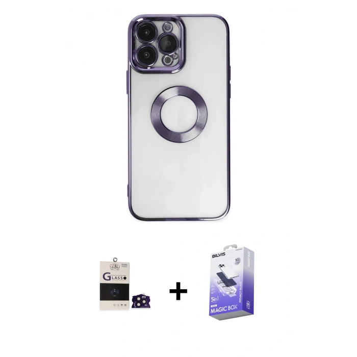MARSİLYAN™- iPhone 14 Pro Max Kılıf Pusula Form - Siyah Bilvis 5in1 5D Magic Hayalet Cam Ekran Koruyucu + Derin Mor Bilvis Titan Kamera Lens