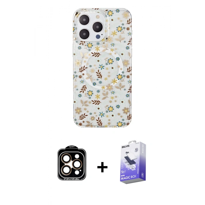 MARSİLYAN™- iPhone 14 Pro Max Kılıf Pusula Form - Siyah Bilvis 5in1 5D Magic Hayalet Cam Ekran Koruyucu + PVD Metal Kamera Lens - TU