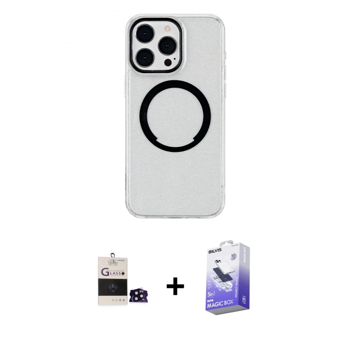 MARSİLYAN™- iPhone 14 Pro Max Kılıf Pusula Form - Siyah Bilvis 5in1 5D Magic Hayalet Cam Ekran Koruyucu + Bilvis Titan Kamera Lens - SH