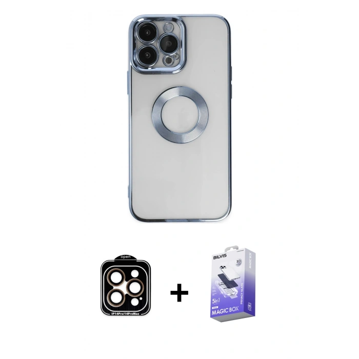 MARSİLYAN™- iPhone 14 Pro Max Kılıf Pusula Form - Siyah Bilvis 5in1 5D Magic Hayalet Cam Ekran Koruyucu + PVD Metal Kamera Lens - TU