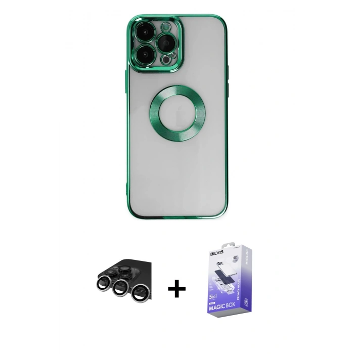 MARSİLYAN™- iPhone 14 Pro Max Kılıf Pusula Form - Siyah Bilvis 5in1 5D Magic Hayalet Cam Ekran Koruyucu + Raze Metal Kamera Lens - GS