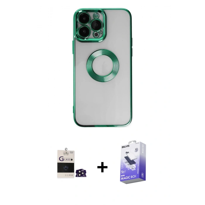 MARSİLYAN™- iPhone 14 Pro Max Kılıf Pusula Form - Siyah Bilvis 5in1 5D Magic Hayalet Cam Ekran Koruyucu + Derin Mor Bilvis Titan Kamera Lens