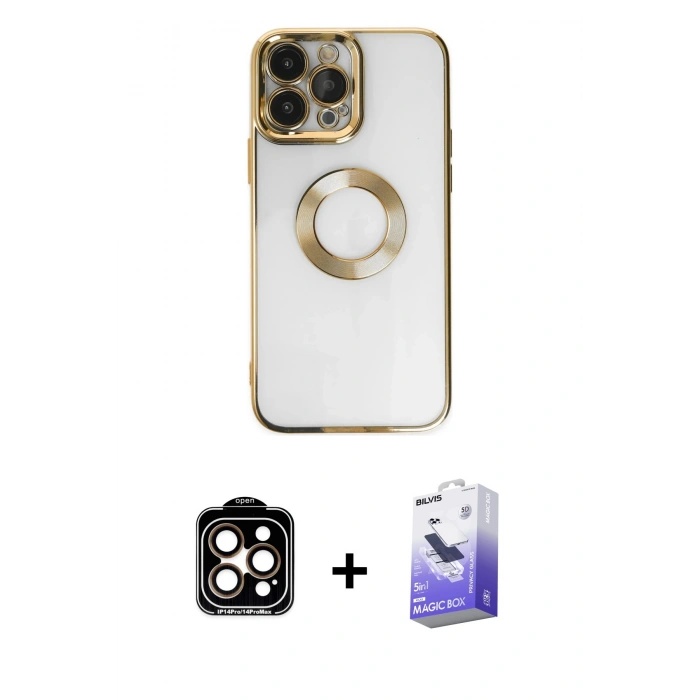 MARSİLYAN™- iPhone 14 Pro Max Kılıf Pusula Form - Siyah Bilvis 5in1 5D Magic Hayalet Cam Ekran Koruyucu + PVD Metal Kamera Lens - TU