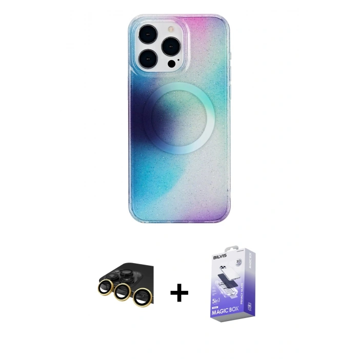 MARSİLYAN™- iPhone 14 Pro Max Kılıf Pusula Form - Siyah Bilvis 5in1 5D Magic Hayalet Cam Ekran Koruyucu + Raze Metal Kamera Lens - GD