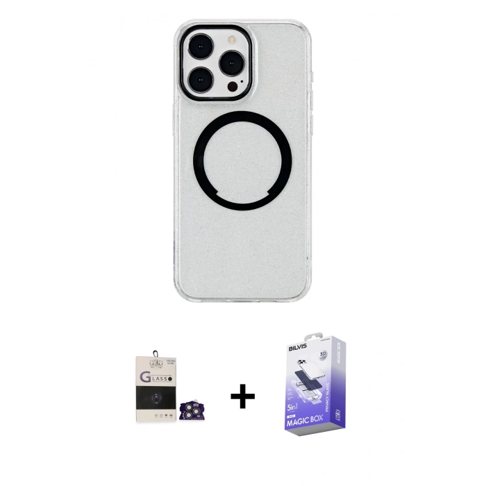 MARSİLYAN™- iPhone 14 Pro Max Kılıf Pusula Form - Siyah Bilvis 5in1 5D Magic Hayalet Cam Ekran Koruyucu + Bilvis Titan Kamera Lens - GS