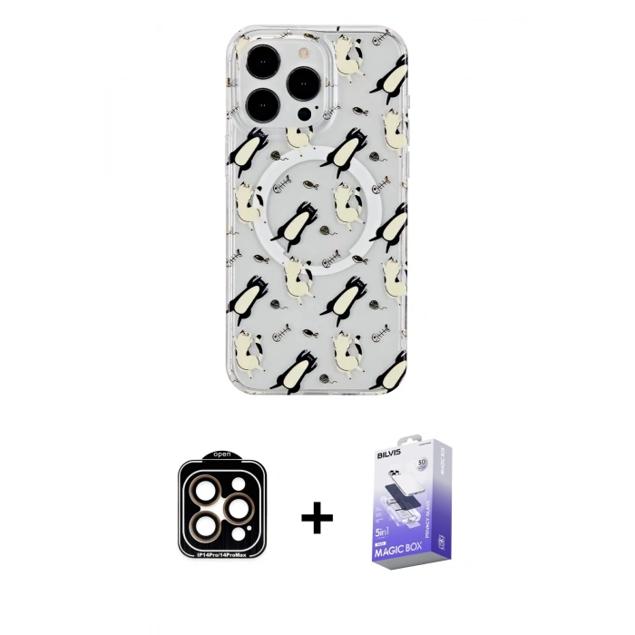 MARSİLYAN™- iPhone 14 Pro Max Kılıf Pusula Form - Siyah Bilvis 5in1 5D Magic Hayalet Cam Ekran Koruyucu + PVD Metal Kamera Lens - TU