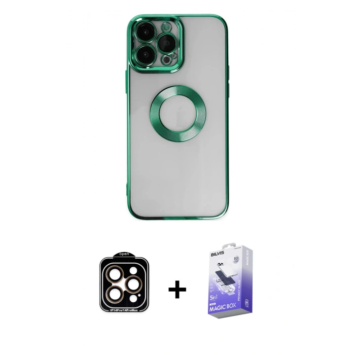 MARSİLYAN™- iPhone 14 Pro Max Kılıf Pusula Form - Siyah Bilvis 5in1 5D Magic Hayalet Cam Ekran Koruyucu + PVD Metal Kamera Lens - TU