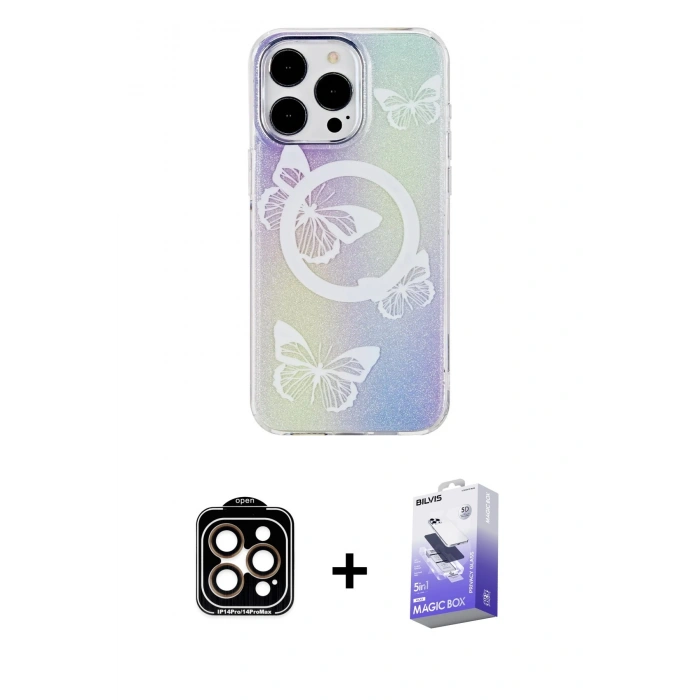 MARSİLYAN™- iPhone 14 Pro Max Kılıf Pusula Form - Siyah Bilvis 5in1 5D Magic Hayalet Cam Ekran Koruyucu + PVD Metal Kamera Lens - TU