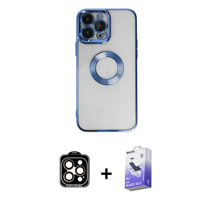 MARSİLYAN™- iPhone 14 Pro Max Kılıf Pusula Form - Siyah Bilvis 5in1 5D Magic Hayalet Cam Ekran Koruyucu + PVD Metal Kamera Lens - TU