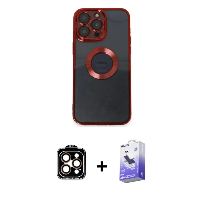 MARSİLYAN™- iPhone 14 Pro Max Kılıf Pusula Form - Siyah Bilvis 5in1 5D Magic Hayalet Cam Ekran Koruyucu + PVD Metal Kamera Lens - TU