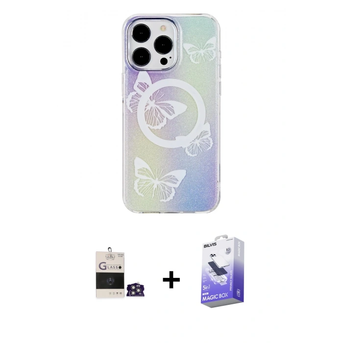 MARSİLYAN™- iPhone 14 Pro Max Kılıf Pusula Form - Siyah Bilvis 5in1 5D Magic Hayalet Cam Ekran Koruyucu + Bilvis Titan Kamera Lens - GS