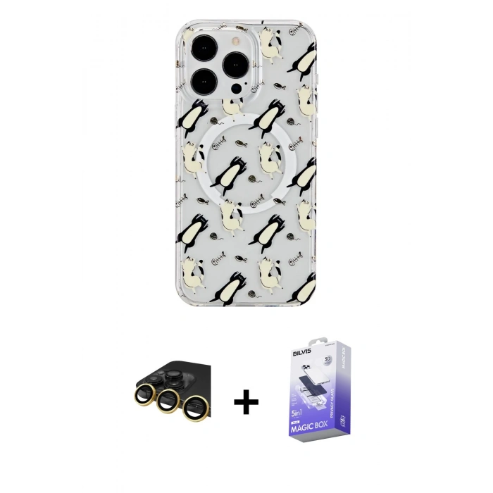 MARSİLYAN™- iPhone 14 Pro Max Kılıf Pusula Form - Siyah Bilvis 5in1 5D Magic Hayalet Cam Ekran Koruyucu + Raze Metal Kamera Lens - GD