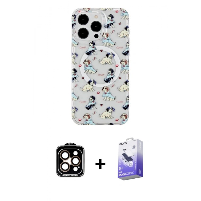 MARSİLYAN™- iPhone 14 Pro Max Kılıf Pusula Form - Siyah Bilvis 5in1 5D Magic Hayalet Cam Ekran Koruyucu + PVD Metal Kamera Lens - TU