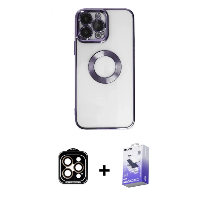 MARSİLYAN™- iPhone 14 Pro Max Kılıf Pusula Form - Siyah Bilvis 5in1 5D Magic Hayalet Cam Ekran Koruyucu + PVD Metal Kamera Lens - TU