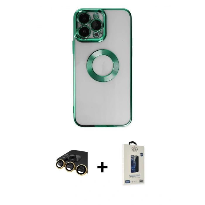 MARSİLYAN™- iPhone 14 Pro Max Kılıf Pusula Form - Siyah Bilvis Hayalet Cam Ekran Koruyucu + Raze Metal Kamera Lens - GD