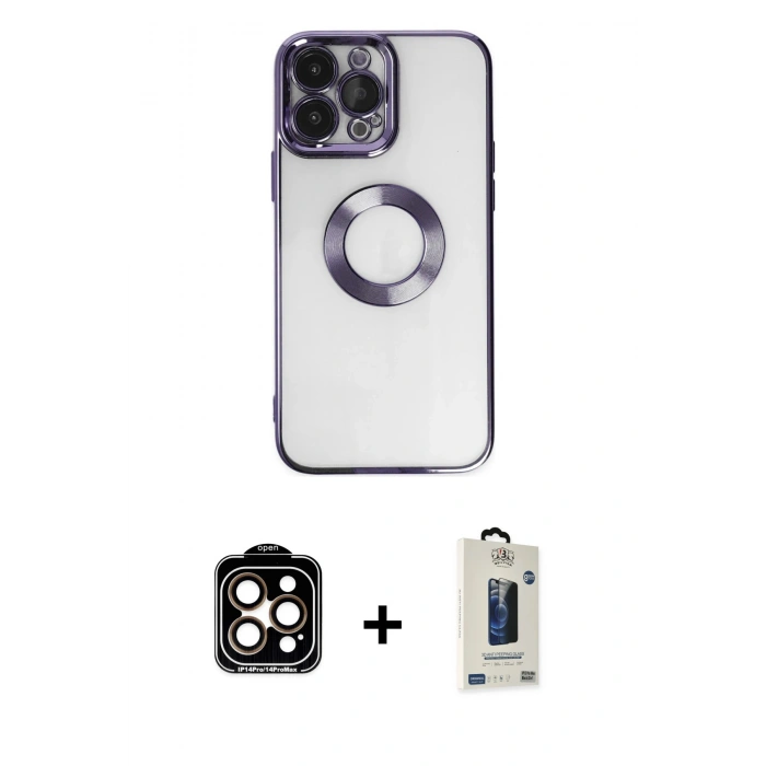 MARSİLYAN™- iPhone 14 Pro Max Kılıf Pusula Form - Siyah Bilvis Hayalet Cam Ekran Koruyucu + Turuncu PVD Metal Kamera Lens