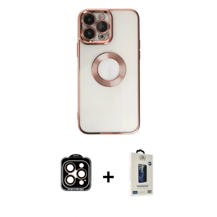 MARSİLYAN™- iPhone 14 Pro Max Kılıf Pusula Form - Siyah Bilvis Hayalet Cam Ekran Koruyucu + Turuncu PVD Metal Kamera Lens