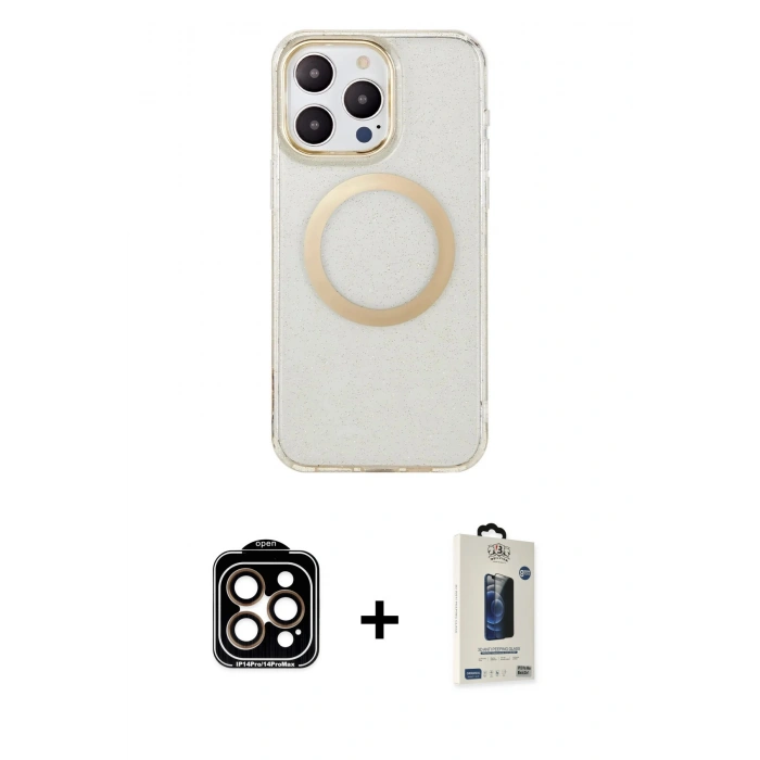MARSİLYAN™- iPhone 14 Pro Max Kılıf Pusula Form - Siyah Bilvis Hayalet Cam Ekran Koruyucu + PVD Metal Kamera Lens - TU