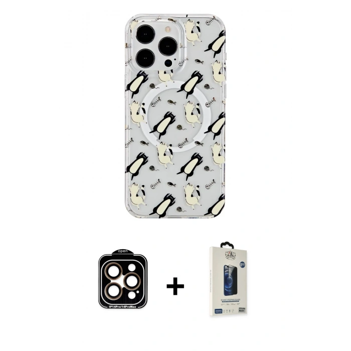 MARSİLYAN™- iPhone 14 Pro Max Kılıf Pusula Form - Siyah Bilvis Hayalet Cam Ekran Koruyucu + PVD Metal Kamera Lens - TU