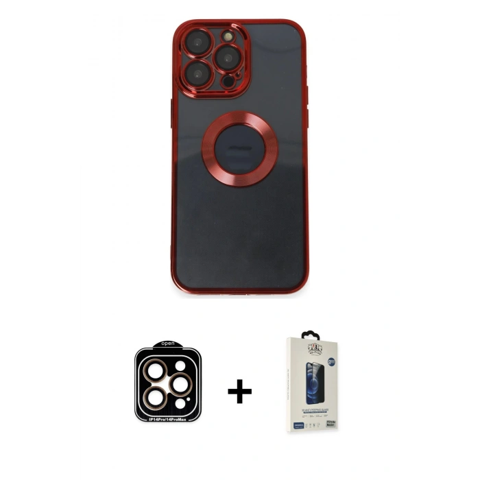 MARSİLYAN™- iPhone 14 Pro Max Kılıf Pusula Form - Siyah Bilvis Hayalet Cam Ekran Koruyucu + Turuncu PVD Metal Kamera Lens