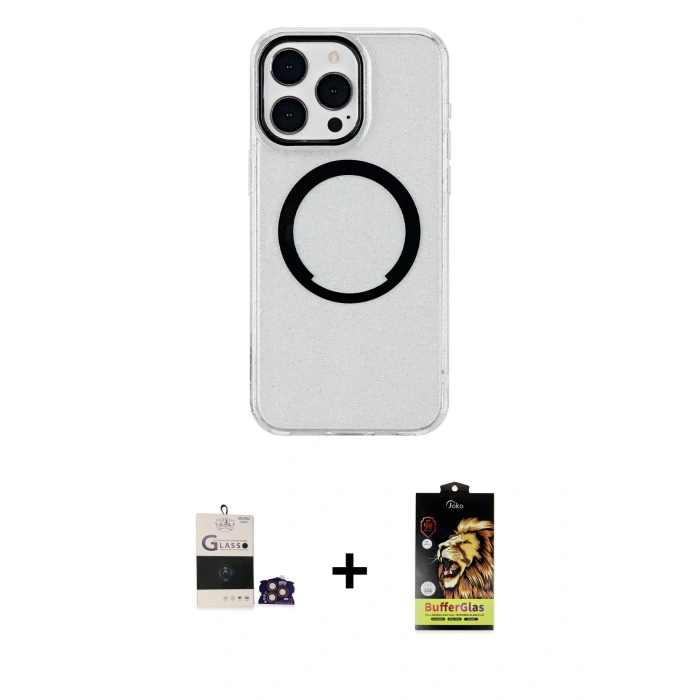 MARSİLYAN™- iPhone 14 Pro Max Kılıf Pusula Form - Siyah Buffer Cam Ekran Koruyucu + Bilvis Titan Kamera Lens - GD