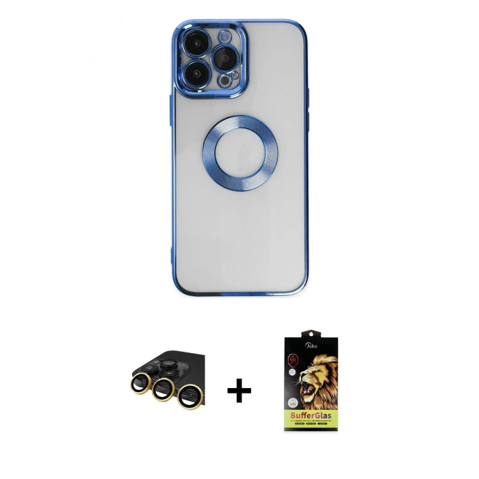 MARSİLYAN™- iPhone 14 Pro Max Kılıf Pusula Form - Siyah Buffer Cam Ekran Koruyucu + Raze Metal Kamera Lens - GD