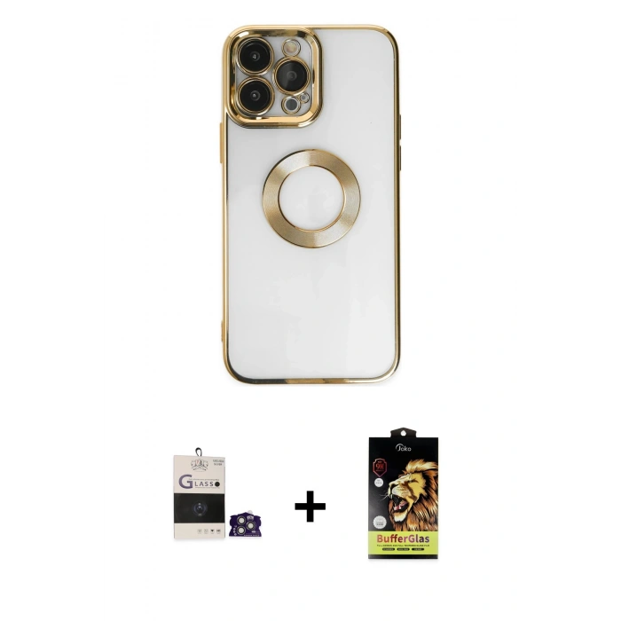 MARSİLYAN™- iPhone 14 Pro Max Kılıf Pusula Form - Siyah Buffer Cam Ekran Koruyucu + Bilvis Titan Kamera Lens - GS