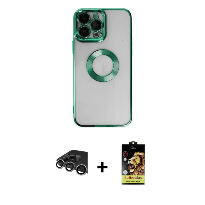 MARSİLYAN™- iPhone 14 Pro Max Kılıf Pusula Form - Siyah Buffer Cam Ekran Koruyucu + Raze Metal Kamera Lens - GS