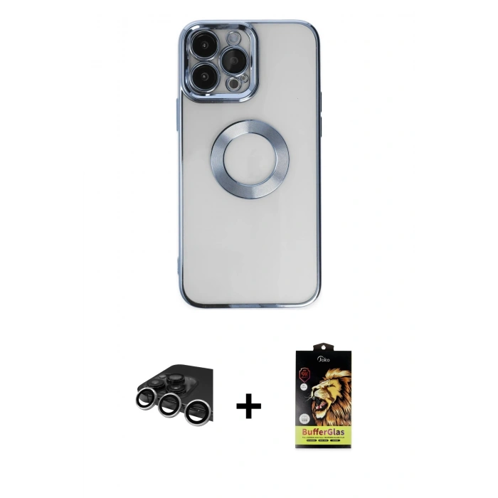 MARSİLYAN™- iPhone 14 Pro Max Kılıf Pusula Form - Siyah Buffer Cam Ekran Koruyucu + Raze Metal Kamera Lens - GS