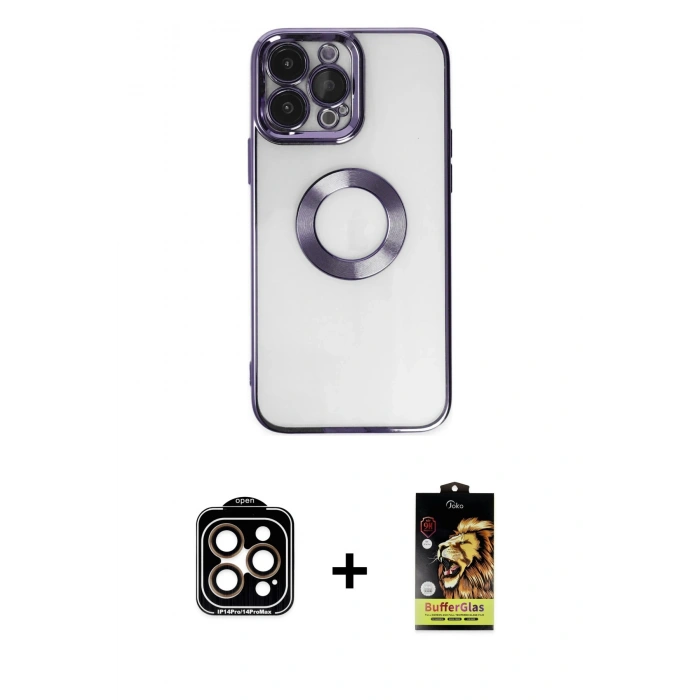 MARSİLYAN™- iPhone 14 Pro Max Kılıf Pusula Form - Siyah Buffer Cam Ekran Koruyucu + PVD Metal Kamera Lens - TU