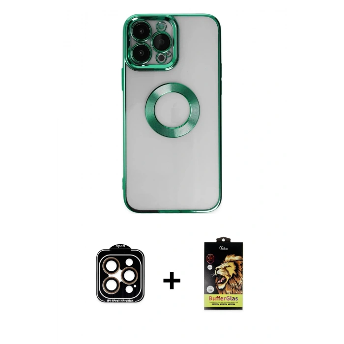 MARSİLYAN™- iPhone 14 Pro Max Kılıf Pusula Form - Siyah Buffer Cam Ekran Koruyucu + PVD Metal Kamera Lens - TU